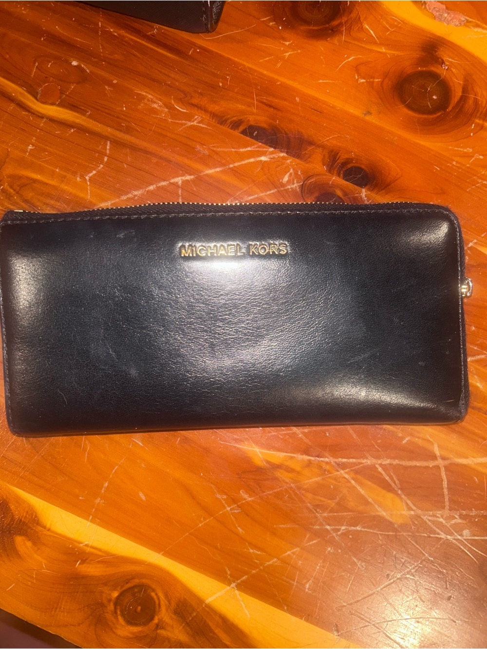 Michael Kors Black Leather Zip-Around Wallet with Gold Logo